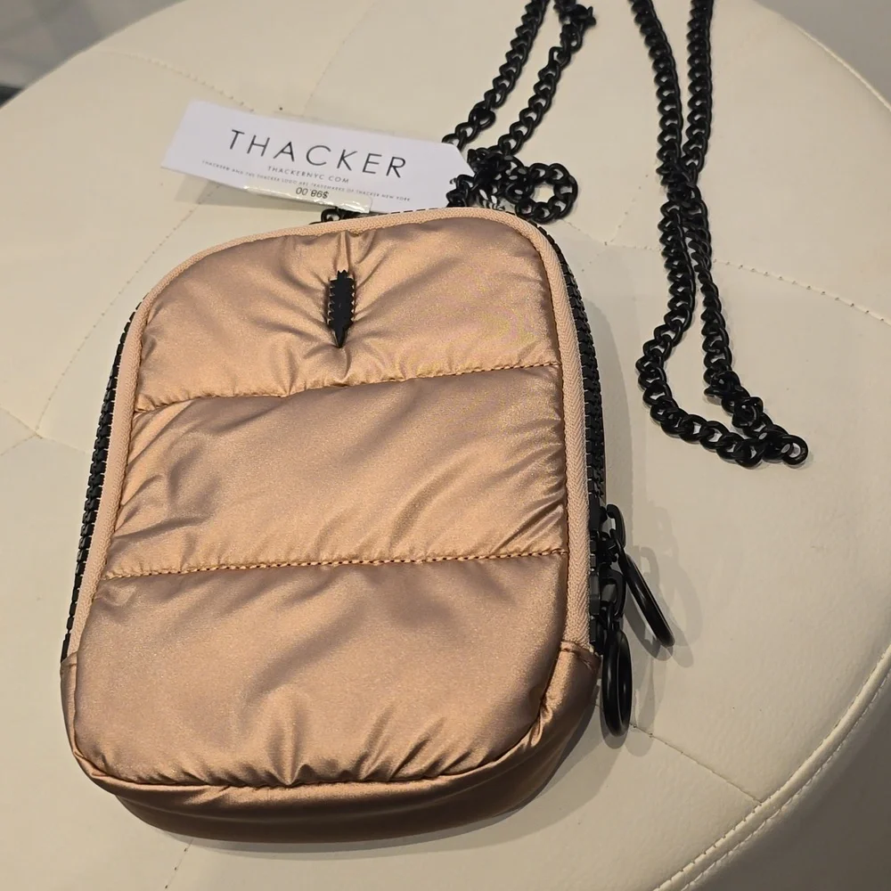 Thacker Puffer rose gold metallic Crossbody Phone Purse Case Black Chain New NYC - Picture 2 of 12